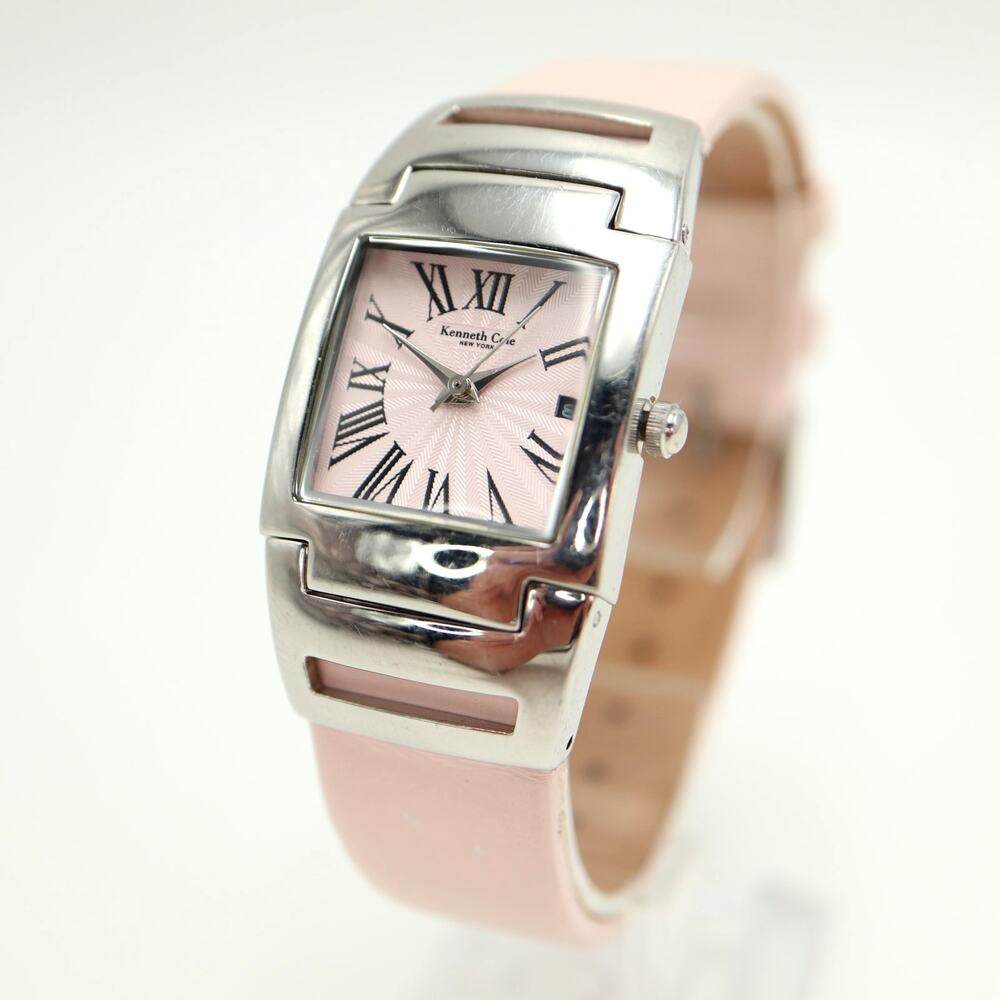 Kenneth Cole Womens Silver Tone 25mm Date Square Watch Pink Leather New Battery